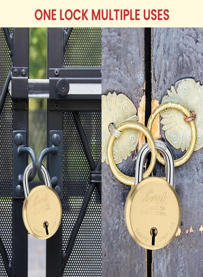 Link® 50mm Round Brass Lock | Brass Liver | Double Locking | | Padlock with 3 Silver Keys for Home Door, Office, Shop | Made in India - Image 4